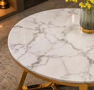 Modern Marble Top Coffee <b>Table</b> with <b>Gold</b> Metal Base Trestle Design Living Room Furniture - Product Image 2