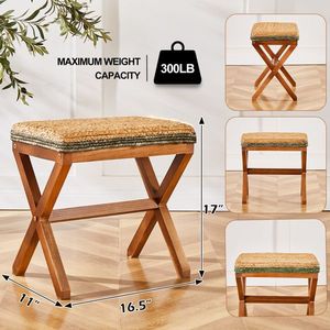 Natural Seagrass Rectangular Ottoman Footstool with Wooden Legs Hand-Woven <b>Footrest</b> for Living Room - Product Image 5