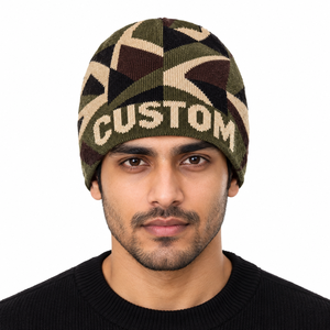 High Quality Acrylic Custom Abstract Camo <b>Knit</b> Beanie Unisex Green Brown Geometric <b>Pattern</b> Winter Hats Wholesale Streetwear Caps - Product Image 2