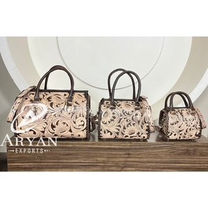 Personalized Hand <b>Tooled</b> Genuine Cow <b>Leather</b> Floral Speedy Duffle Bag Elegant Designer Crossbody Shoulder Weekender for Unsex - Product Image 1