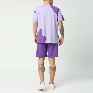 Ensemble T-shirt à manches courtes col rond et short pour homme, couleur violette, coupe ample, respirant, tenue décontractée d'été - Product Image 3