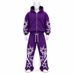 Ensemble de survêtement unisexe en molleton 100 % coton épais, coupe oversize, avec broderie de logo personnalisée, style streetwear, comprenant un sweat à capuche court et un pantalon de jogging, en vente - Product Image 1