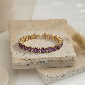 Natural Amethyst Stone Gold Plated Sterling <b>Silver</b> <b>Charm</b> Bracelet Handmade Gemstone Elegant Fine Jewelry Gift for Women - Product Image 2
