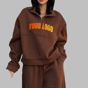 OEM Women Brown Half-Zip Eco-Friendly Lightweight Tracksuit Set Full Sleeve Loose Fit Front Logo Print Casual Wear 100% Cotton - Product Image 2