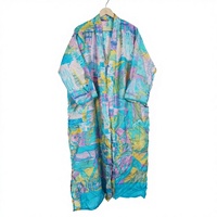 Robe de nuit longue d'été élégante pour femme, en satin de soie japonaise 100% faite main, style bohème floral vintage, col en V avec cordon de serrage