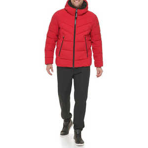 Men's <b>Red</b> <b>Hooded</b> Puffer <b>Jacket</b> Zipper Closure Fleece Lining Windproof Casual Winter Wear Regular Fit Polyester Wadding - Product Image 6