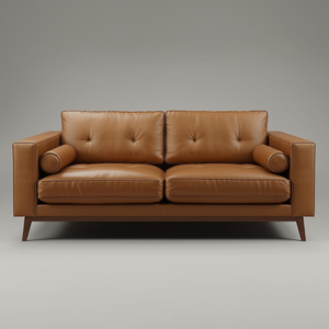 Canapé deux places moderne en cuir de vachette véritable avec dossier capitonné et coussin décoratif, style mi-siècle pour salons élégants - Product Image 2