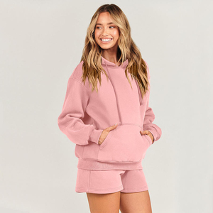 Custom Oversized Cotton Polyester Fleece Sweatshirt Hoodie <b>Short</b> <b>Suit</b> Set for Women Breathable Winter Outfit with Hooded Collar - Product Image 4