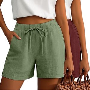 Lot de 2 shorts décontractés en lin pour femme, avec cordon de serrage, taille élastique, fentes latérales, confortables pour l'été, avec poches - Product Image 2