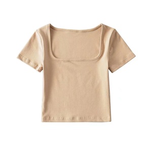 Women's Cropped <b>T</b>-Shirt Short Sleeve <b>Square</b> Collar Solid Color Casual Style Knitted Slim Fit Spring Summer Wear - Product Image 5