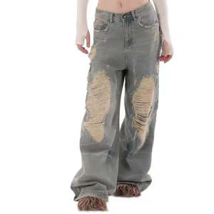 กางเกงยีนส์ทรงแบ็กกี้ฟอกสีแบบดิสเทรส คุณภาพสูง ผ้าฝ้าย 100% กางเกงยีนส์เดนิมสองชั้นสำหรับผู้ชาย กางเกงคาร์โก้ยีนส์ฟอกสี - Product Image 3