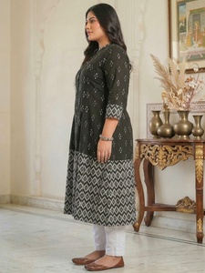 Women's <b>Plus</b> <b>Size</b> Cotton A LINE Kurta Black Ikat Printed Mandarin Collar Three Quarter Sleeves Comfortable Daily Wear - Product Image 2