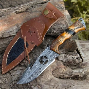 Couteau de chasse OEM en acier Damas Wirecut, couteau à dépecer et à éviscérer à lame fixe, couteau de camping et d'extérieur EDC avec étui en cuir - Product Image 1