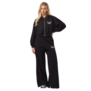 Womens Solid Winter Printed Full Zip Hoodie <b>Wide</b> <b>Leg</b> <b>Pants</b> Set Regular Fit Casual <b>Lounge</b> Wear Eco-Friendly Athleisure Activewear - Product Image 1