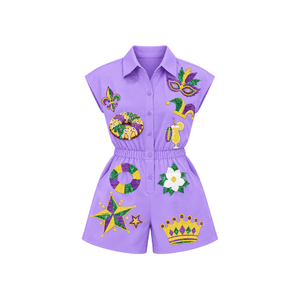 Mono corto morado de manga corta para mujer, de cintura alta, con lentejuelas bordadas estilo Mardi Gras y patchwork, conjunto de primavera/verano para mujer - Product Image 1