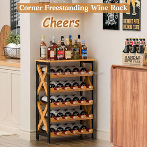 Étagère de rangement pour bouteilles de vin en bois |   Porte-bouteille de vin de style moderne |   Armoire à vin en bois massif et métal pour salon |   Multi-niveaux - Product Image 2