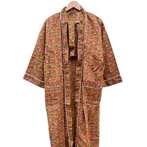 Bata Kimono de Algodón 100% Tejido con Estampado de Bloques y Dibujos Animados Naaz para Mujer, Camisón de Verano Hecho a Mano ODM con Cuello en V y Cintura Elástica Completa - Product Image 1
