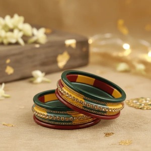 <b>Indian</b> Manufactured Tricolor Lac <b>Bangles</b> with Gold Rhinestones Set of 2 Elegant Traditional Jewelry for Women Available For Sale - Product Image 2