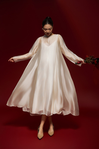 Robe midi en organza transparent pour femme, en soie voile, col rond, manches classiques, taille ample, style décontracté minimaliste respirant (OEM) - Product Image 3