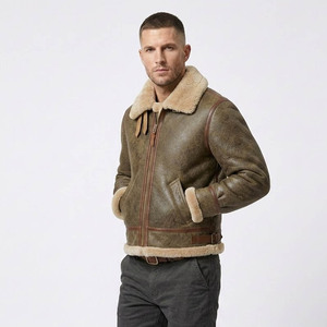 <b>Men's</b> Genuine <b>Leather</b> Aviator <b>Jacket</b> With Fur Lining Zipper Closure Winter Moto Biker Style Thick Windproof Turn-down Collar - Product Image 2