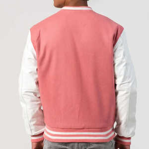 Breathable Pink <b>White</b> <b>Men's</b> Varsity <b>Jacket</b> Button Front Regular Length Stand Collar Casual Winter Coat Cotton - Product Image 3