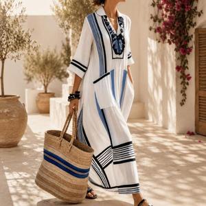 Robe longue ample à col en V faite à la main, à rayures contrastées, manches trois quarts, style bohème, pour l'été, en tissu de coton gaze respirant - Product Image 4