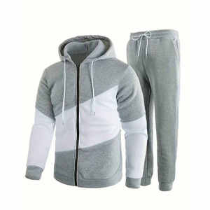 Ensemble survêtement décontracté pour homme, gris et blanc, avec sweat à capuche et pantalon de jogging, fermeture éclair frontale, respirant, style patchwork, pour l'automne - Product Image 1