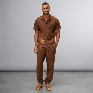 Ensemble de vêtements décontractés pour hommes, best-seller, 100% lin, chemises à manches courtes et pantalons, haute qualité, luxe, méthode de tricotage solide - Product Image 3