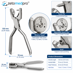 Pince perforatrice rotative pour cuir en acier inoxydable, tailles de trous sélectionnables de 1 à 1,2 à 1,5 mm, 5,91 pouces, Zetomed Pro - Product Image 6