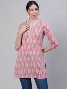 Women Navy Blue Printed Cotton Kurta With Printed Neck And Cuffs Loose Fit Midi Traditional Casual <b>Top</b> India Pakistan Style - Product Image 5