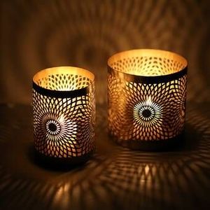 Black Metal Lanterns With Polka Dot Cutouts <b>Heat</b> Resistant Home Decoration Set Of 2 - Product Image 2