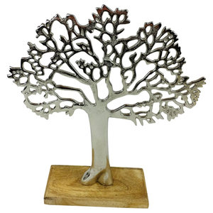 Modern Polished Aluminum <b>Tree</b> of Life Sculpture on Mango Wood Base Handcrafted Silver Metal <b>Tabletop</b> Figurine for Home & Office - Product Image 3