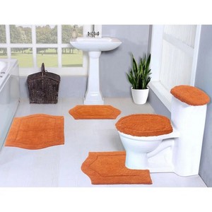 Orange Microfiber Modern Bath Mat Set 5 Piece Non-Slip <b>Rubber</b> Backing Plush Tufted Scalloped <b>Edge</b> Machine Washable for Home Use - Product Image 2