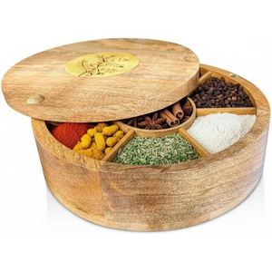 Caja de especias de madera de acacia con tapa giratoria magnética, 7 compartimentos, redonda, tipo Masala Dabba, para almacenamiento en la cocina, ecológica, apta para alimentos, ideal para regalo. - Product Image 3