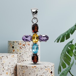 Luxury 925 <b>Sterling</b> <b>Silver</b> Rhodium Plated Multicolor Oval Gemstone <b>Cross</b> <b>Pendant</b> for Women Fine Jewelry - Product Image 3