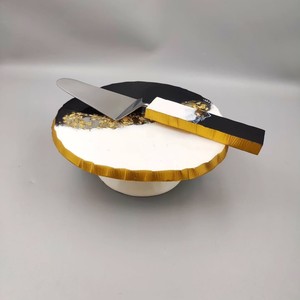 Handmade Round Resin Cake Platter With Gold Trim And Blue Swirl Design Stainless Steel Server Set - Product Image 2