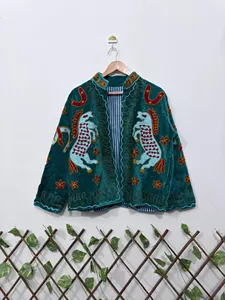 Ethnic Turquoise <b>Velvet</b> Embroidered Suzani <b>Jacket</b> with Animal Print Full Sleeve Stand Collar Handmade Bohemian Autumn Coat - Product Image 1
