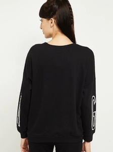 Sweat-shirt noir surdimensionné pour femme avec imprimé lettres blanches, épaules tombantes, manches longues, col rond, en coton tricoté, haut d'automne - Product Image 4