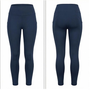 High Waist Full Length Yoga <b>Leggings</b> With <b>Pockets</b> Solid Navy Blue Seamless Four-Way Stretch Women's Activewear - Product Image 1