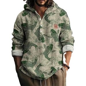 Nouveaux hommes à capuche mode simple bambou lin printemps et automne polyvalent art créatif imprimer petit poisson chemise hommes hauts - Product Image 5