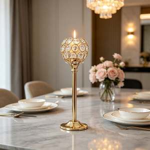 Porte-bougie boule de cristal dorée 27 cm de haut en laiton, décoration d'intérieur, centre de table de mariage - Product Image 4