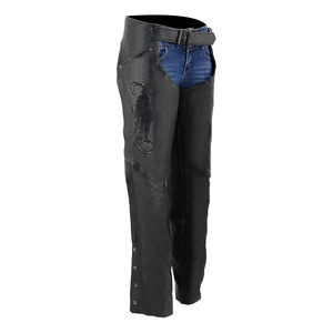 Women's Black Premium Leather Motorcycle Rider Chaps Samroz All Seasons In-Stock Customizable 220g W/Deep Hip Pockets Back <b>Thigh</b> - Product Image 2