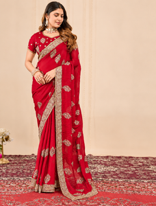 Vexotrend India Pakistan Premium Velvet Satin Traditional <b>Saree</b> for Women Embroidery Swarovski Wrinkle-Free Quick-Dry Wedding - Product Image 6