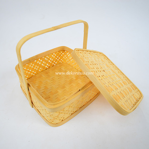 Cesta de bambú tejida a mano, forma cuadrada, con asa, caja de almacenamiento artesanal natural para decoración del hogar - Product Image 2