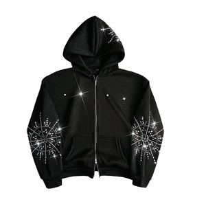 เสื้อฮู้ดดี้ผู้ชายแบบเรียบ ปรับแต่งได้ ประดับด้วยคริสตัล ซิปคู่ ผ้าฝ้าย 100% เฟรนช์เทอร์รี่ สตรีทแวร์ สีพื้น - Product Image 2