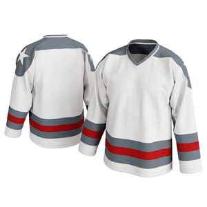 Maillot de hockey sur glace blanc sublimé personnalisé avec bandes rouges et grises, tissu en maille respirant professionnel, vente en gros pour équipes - Product Image 1