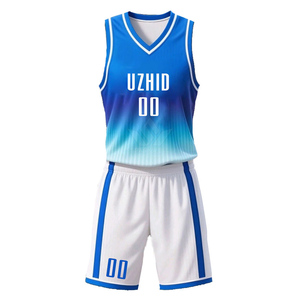 Ensemble de maillot de basket-ball personnalisé UZHID, dégradé bleu et blanc, unisexe, col en V, sans manches, sublimé, respirant, en polyester, pour adultes - Product Image 1