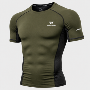 Warpro Men's Olive Green <b>Compression</b> Rash Guard Short Sleeve Quick Dry Workout <b>Shirt</b> with Mesh Panels and Logo Front - Product Image 2