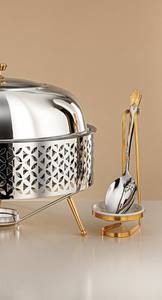 Round Stainless Steel Chafing Dish Laser Cut Arabic Design Buffet Food <b>Warmer</b> with Glass Lid and Gold Accents & <b>Legs</b> for Hotel - Product Image 6