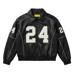 Blouson Bomber en Cuir Noir pour Homme Hollander, Motif Lettres Brodé, Étoiles, Numéro 24, Style Universitaire, Vêtement d'Automne - Product Image 2